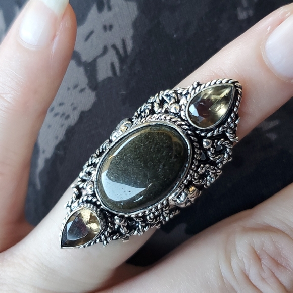 New Silver Sheen Obsidian & Smoky Topaz 925 Silver Statement Ring. - Picture 2 of 13